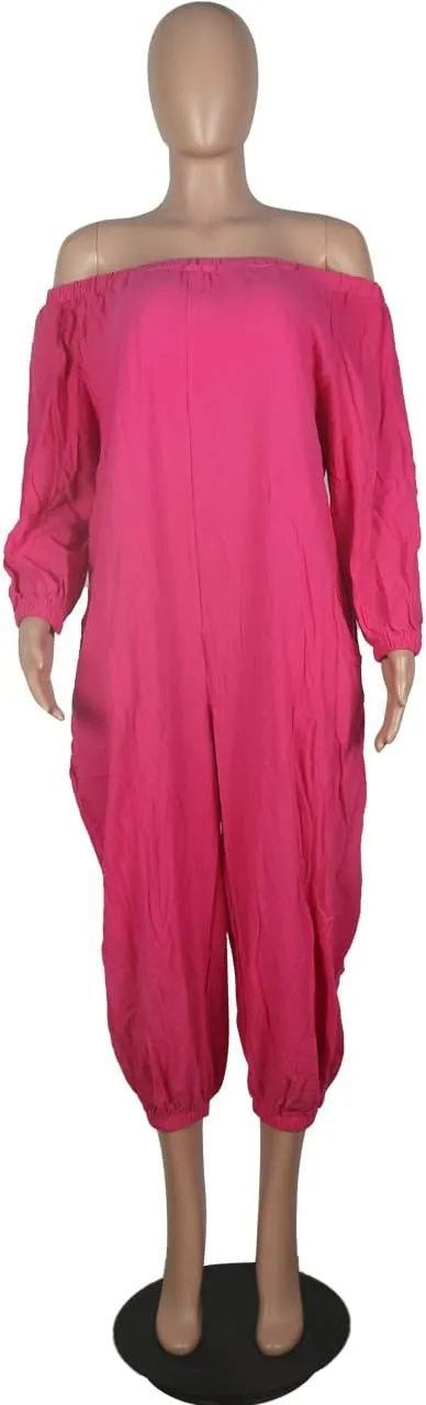 MESLIMA Women's Loose Fit Elastic Off Shoulder Beam Foot Long Sleeve Jumpsuit Rompers with Pockets Plus Size