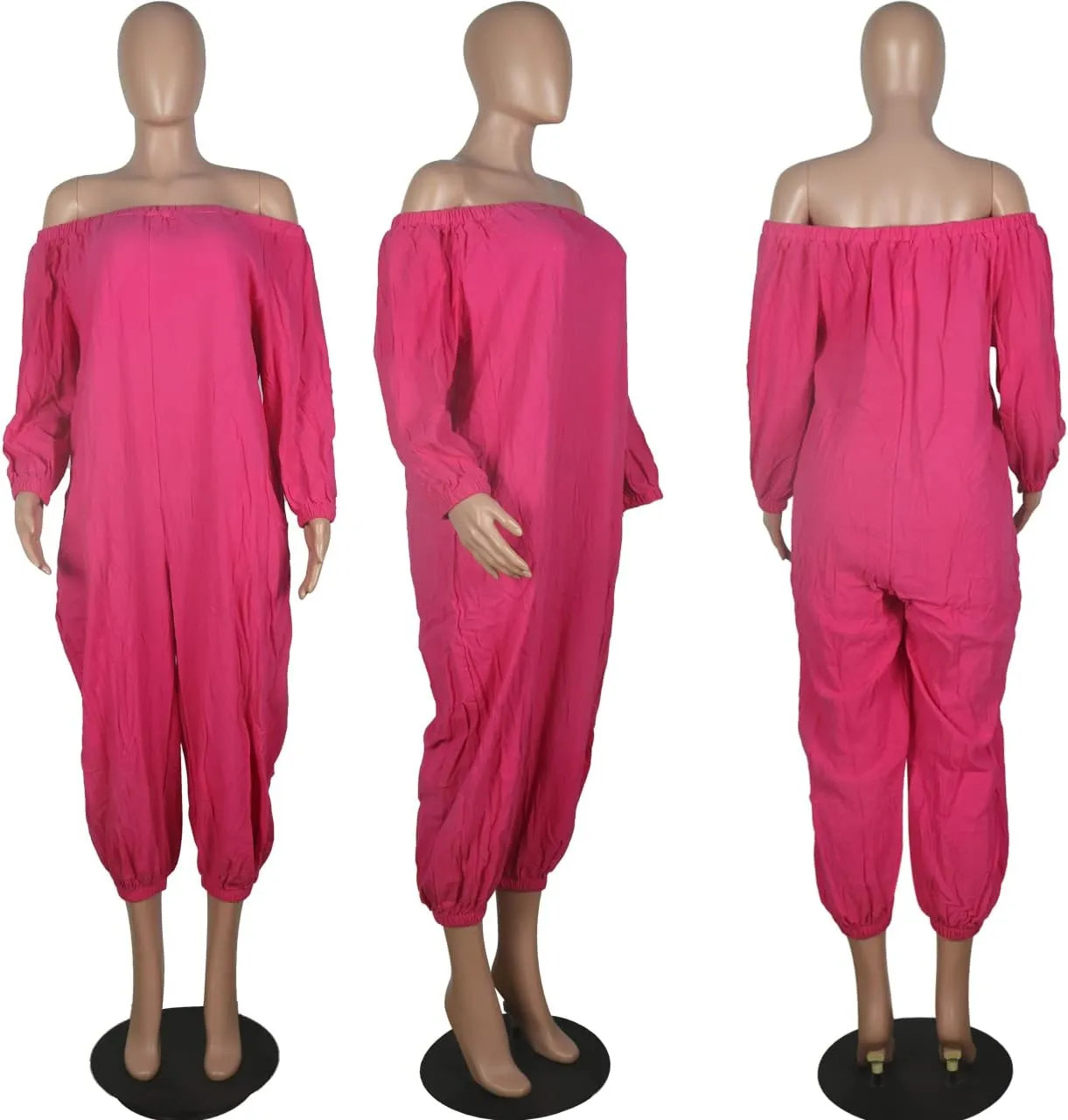 MESLIMA Women's Loose Fit Elastic Off Shoulder Beam Foot Long Sleeve Jumpsuit Rompers with Pockets Plus Size
