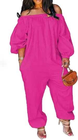 MESLIMA Women's Loose Fit Elastic Off Shoulder Beam Foot Long Sleeve Jumpsuit Rompers with Pockets Plus Size