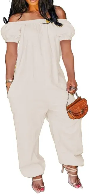 MESLIMA Women's Loose Fit Elastic Off Shoulder Beam Foot Long Sleeve Jumpsuit Rompers with Pockets Plus Size