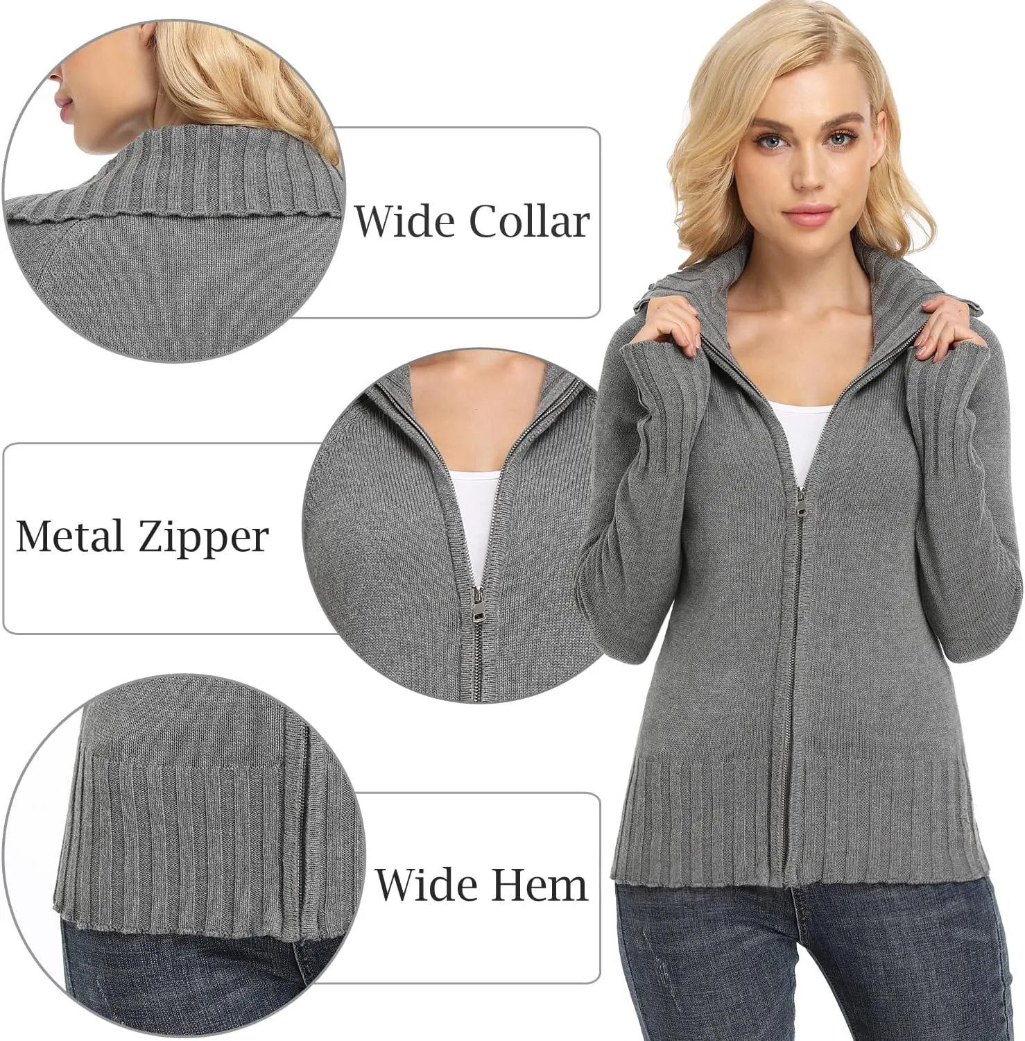 MISS MOLY Women's Collar Full Zip Long Sleeve Cable Knit Casual Sweater Cardigan