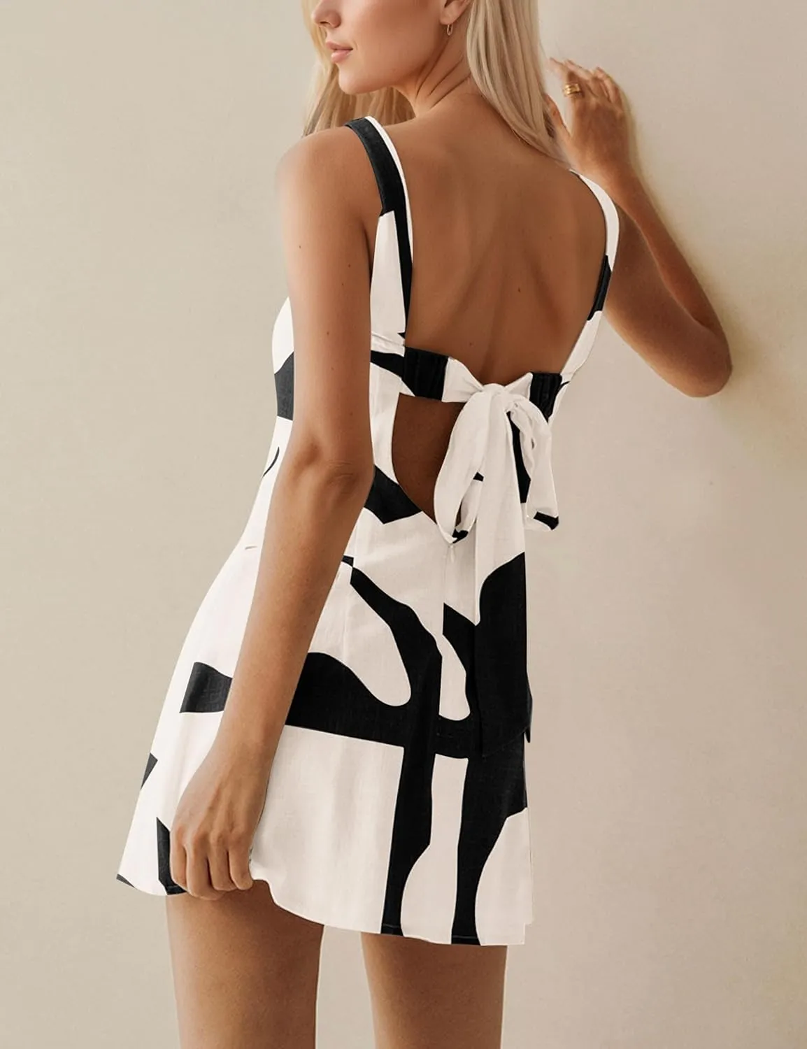 MISSACTIVER Women Sleeveless Linen Mini Dress Print Backless Square Neck Tank Dress Boho Vacation Sundress Shift Dresses