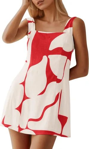MISSACTIVER Women Sleeveless Linen Mini Dress Print Backless Square Neck Tank Dress Boho Vacation Sundress Shift Dresses