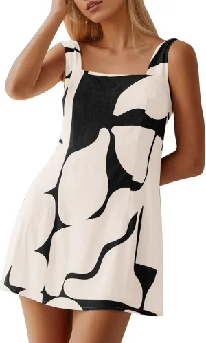 MISSACTIVER Women Sleeveless Linen Mini Dress Print Backless Square Neck Tank Dress Boho Vacation Sundress Shift Dresses