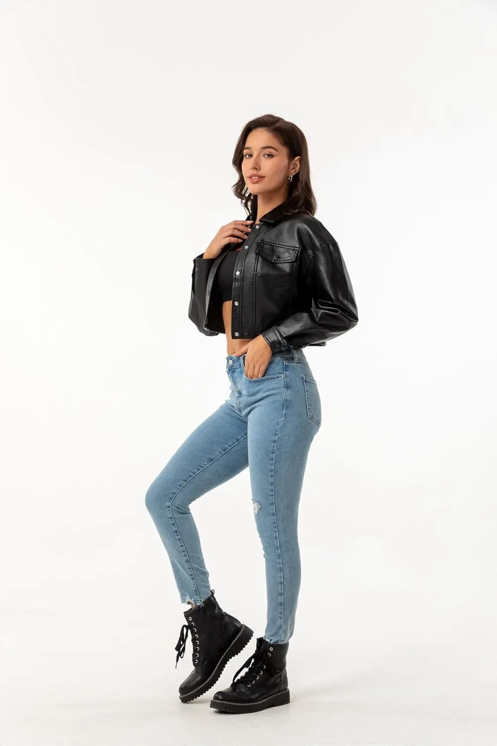 Molilove Women's Faux Leather Jacket Button Down Collar Pockets PU Crop Moto Biker Coat