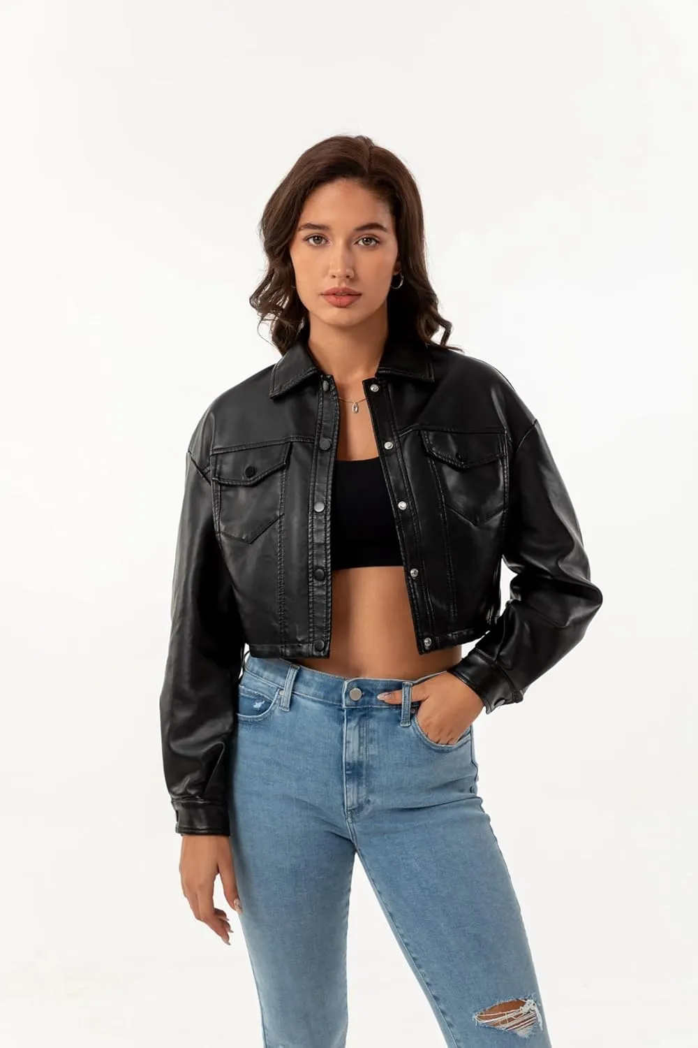 Molilove Women's Faux Leather Jacket Button Down Collar Pockets PU Crop Moto Biker Coat