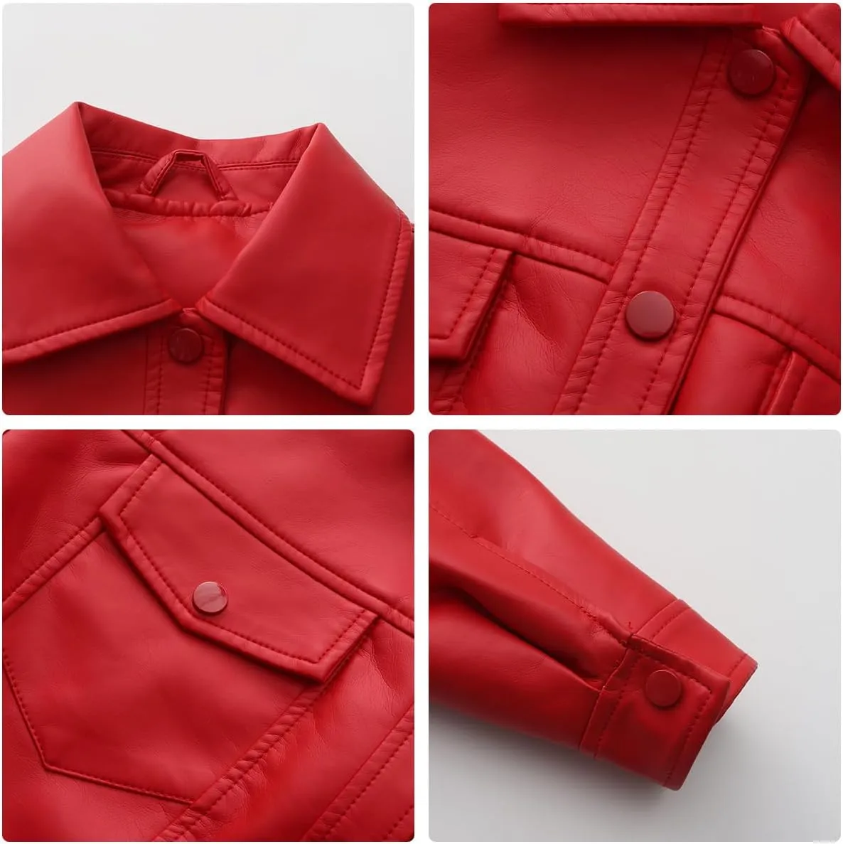 Molilove Women's Faux Leather Jacket Button Down Collar Pockets PU Crop Moto Biker Coat