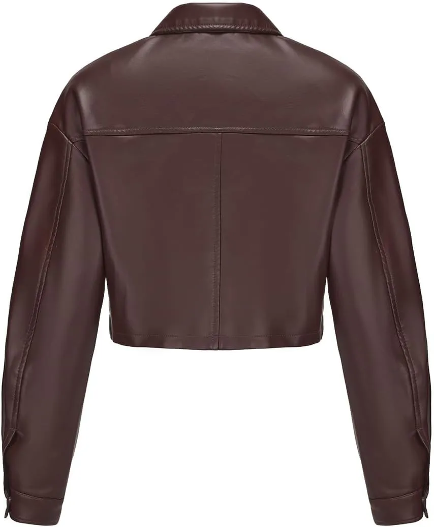 Molilove Women's Faux Leather Jacket Button Down Collar Pockets PU Crop Moto Biker Coat