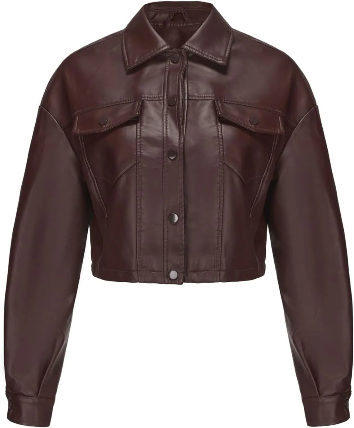 Molilove Women's Faux Leather Jacket Button Down Collar Pockets PU Crop Moto Biker Coat