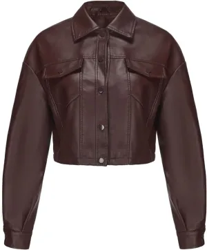 Molilove Women's Faux Leather Jacket Button Down Collar Pockets PU Crop Moto Biker Coat