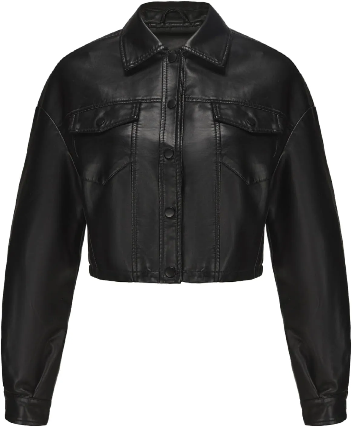 Molilove Women's Faux Leather Jacket Button Down Collar Pockets PU Crop Moto Biker Coat