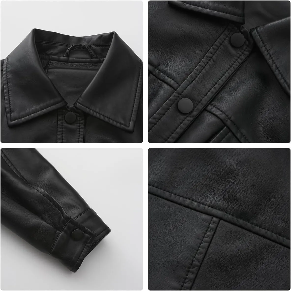 Molilove Women's Faux Leather Jacket Button Down Collar Pockets PU Crop Moto Biker Coat