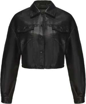 Molilove Women's Faux Leather Jacket Button Down Collar Pockets PU Crop Moto Biker Coat
