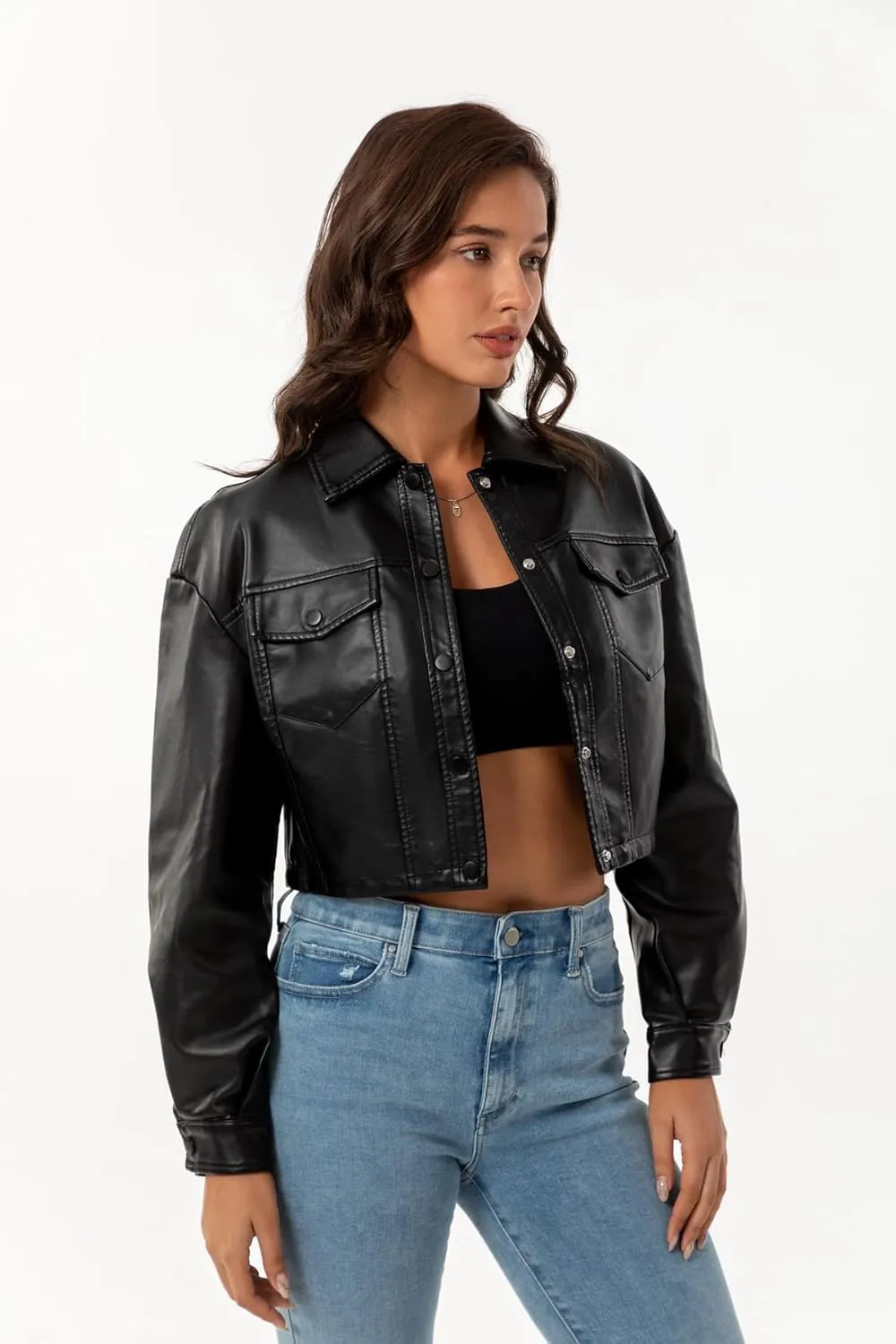 Molilove Women's Faux Leather Jacket Button Down Collar Pockets PU Crop Moto Biker Coat