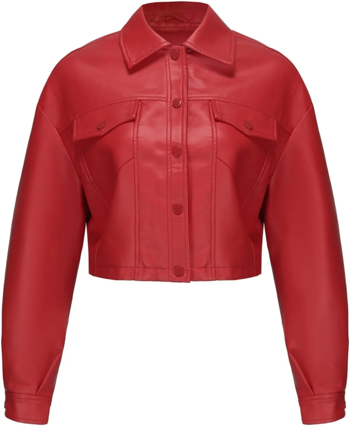 Molilove Women's Faux Leather Jacket Button Down Collar Pockets PU Crop Moto Biker Coat