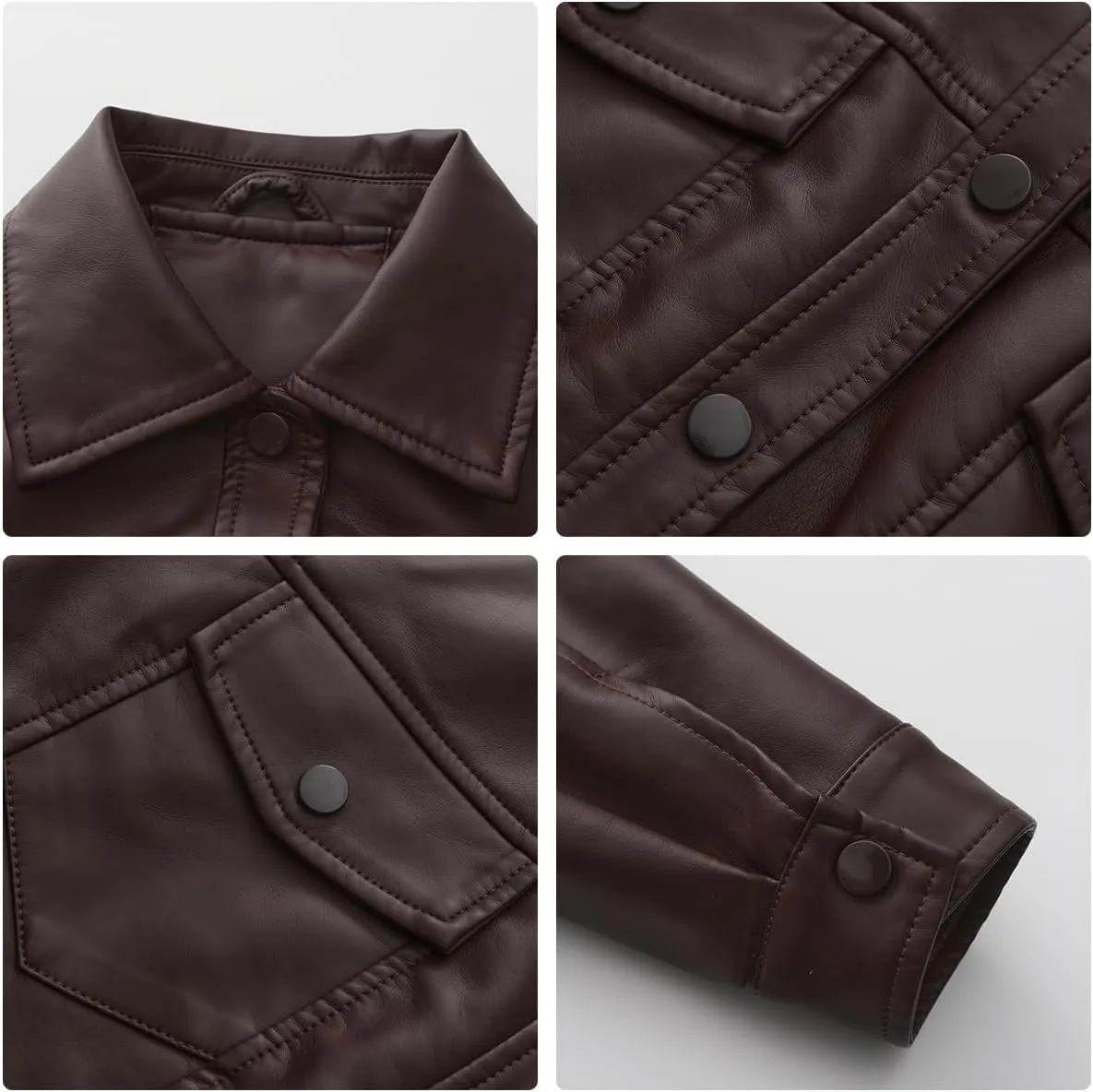 Molilove Women's Faux Leather Jacket Button Down Collar Pockets PU Crop Moto Biker Coat