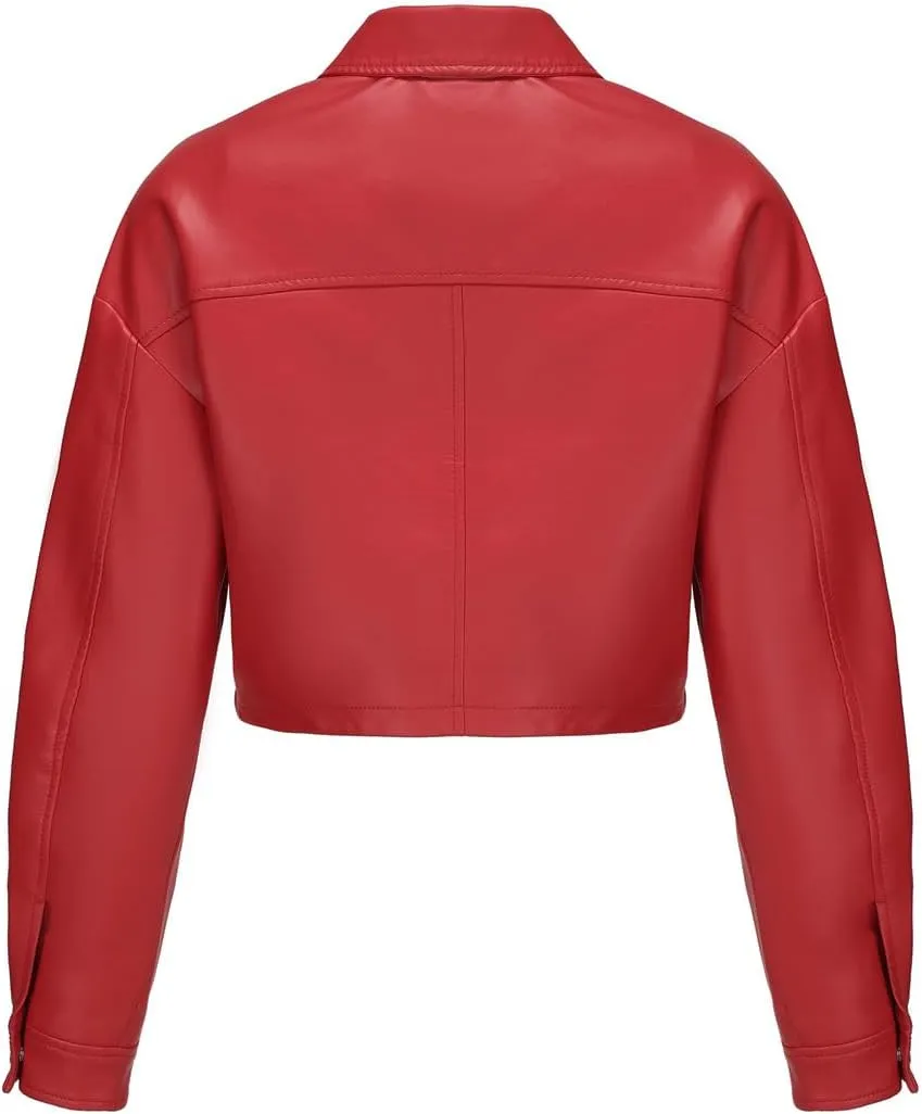 Molilove Women's Faux Leather Jacket Button Down Collar Pockets PU Crop Moto Biker Coat