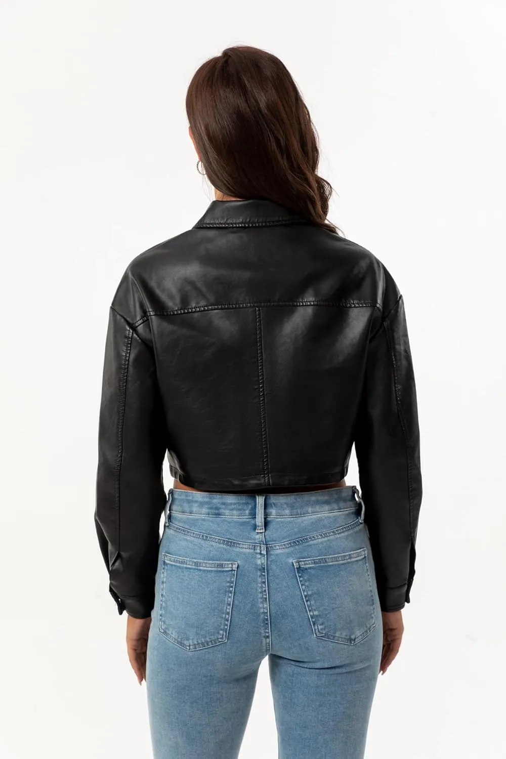 Molilove Women's Faux Leather Jacket Button Down Collar Pockets PU Crop Moto Biker Coat