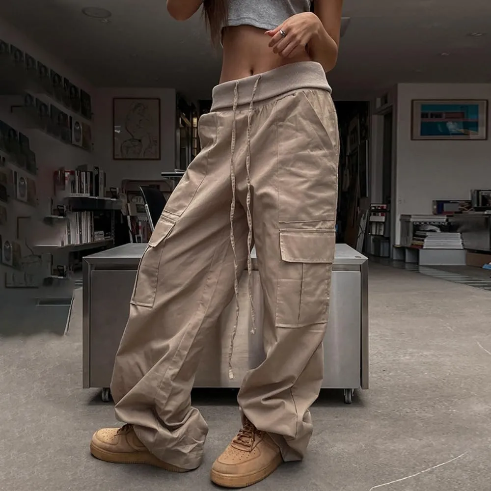 Multi-Pocket Straight Leg Y2k Retro Streetwear Pants Casual Wide Leg Parachute Pants Cargo Pants Drawstring Pants