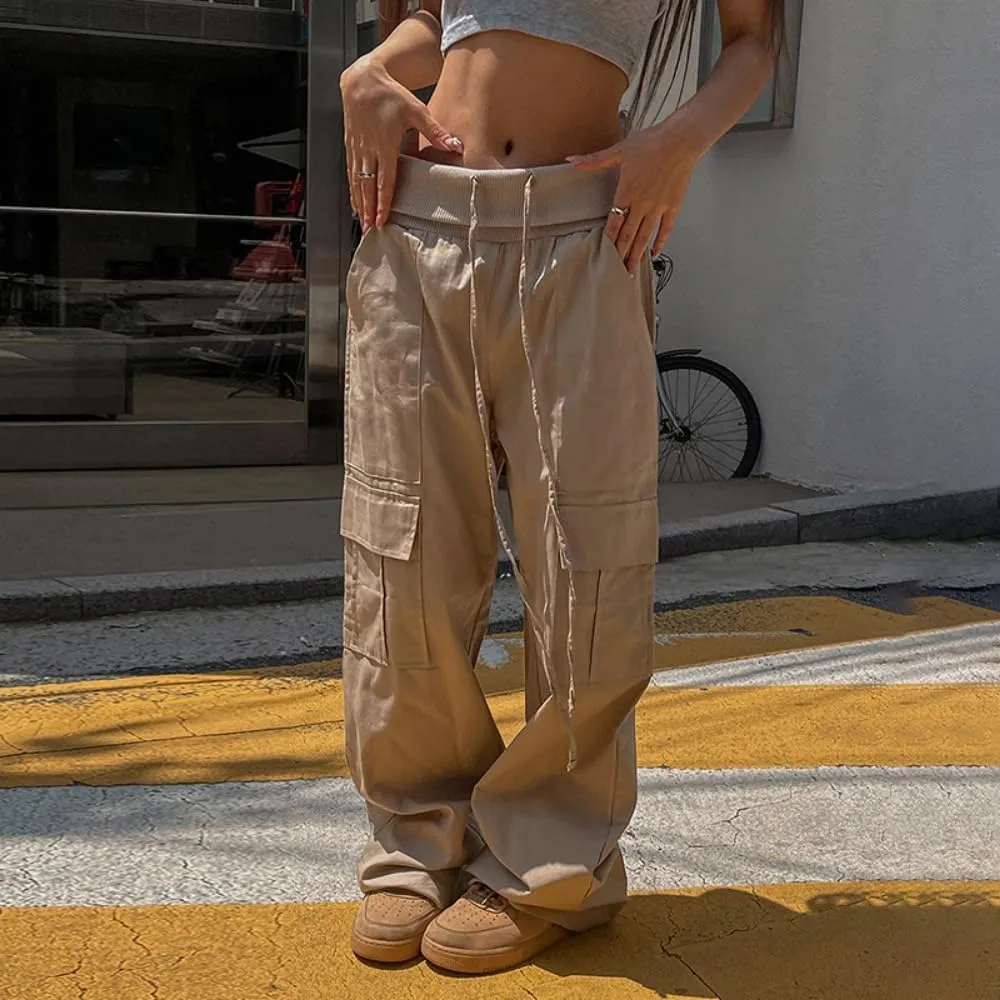 Multi-Pocket Straight Leg Y2k Retro Streetwear Pants Casual Wide Leg Parachute Pants Cargo Pants Drawstring Pants