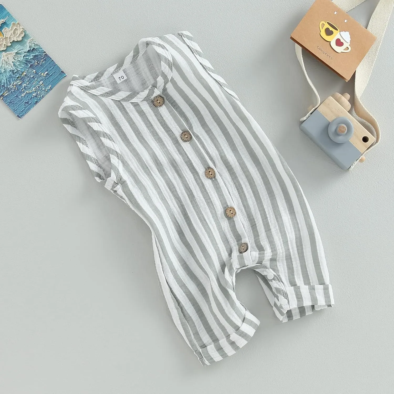 Newborn Baby Boy Girl Sleevless Button Stripe Summer Short Jumpsuit Tank Romper Organic Cotton Linen Clothes