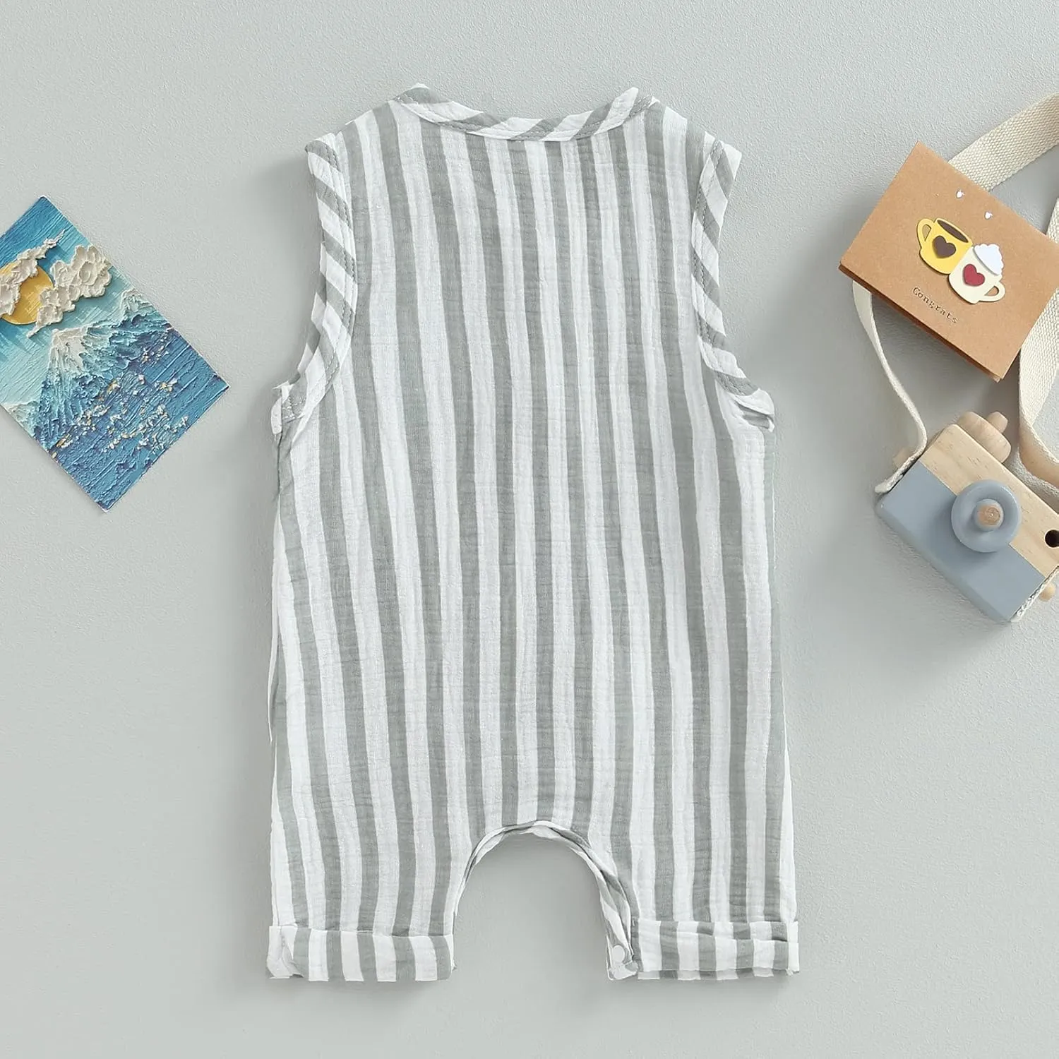 Newborn Baby Boy Girl Sleevless Button Stripe Summer Short Jumpsuit Tank Romper Organic Cotton Linen Clothes