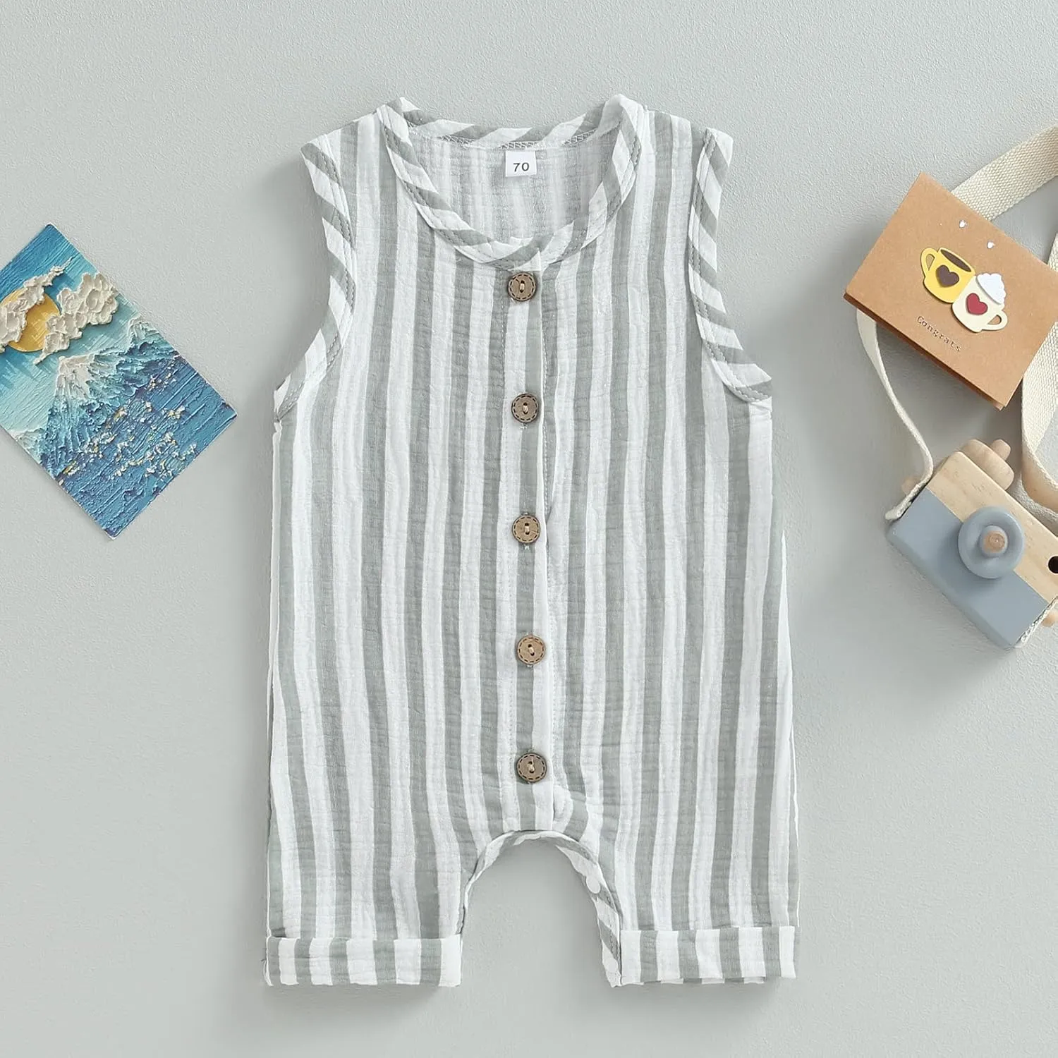 Newborn Baby Boy Girl Sleevless Button Stripe Summer Short Jumpsuit Tank Romper Organic Cotton Linen Clothes