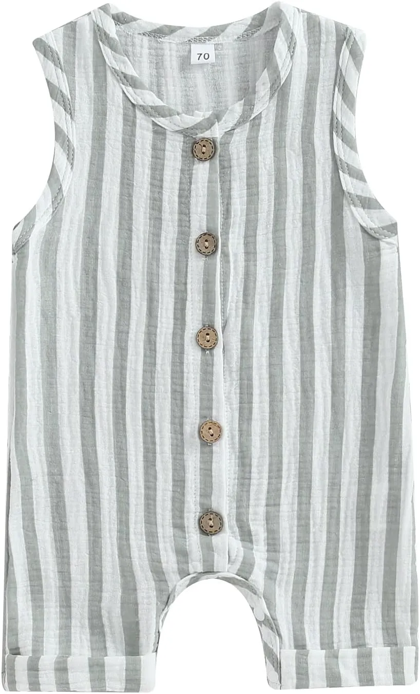 Newborn Baby Boy Girl Sleevless Button Stripe Summer Short Jumpsuit Tank Romper Organic Cotton Linen Clothes