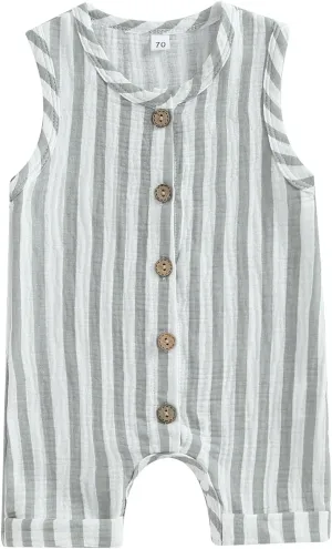 Newborn Baby Boy Girl Sleevless Button Stripe Summer Short Jumpsuit Tank Romper Organic Cotton Linen Clothes