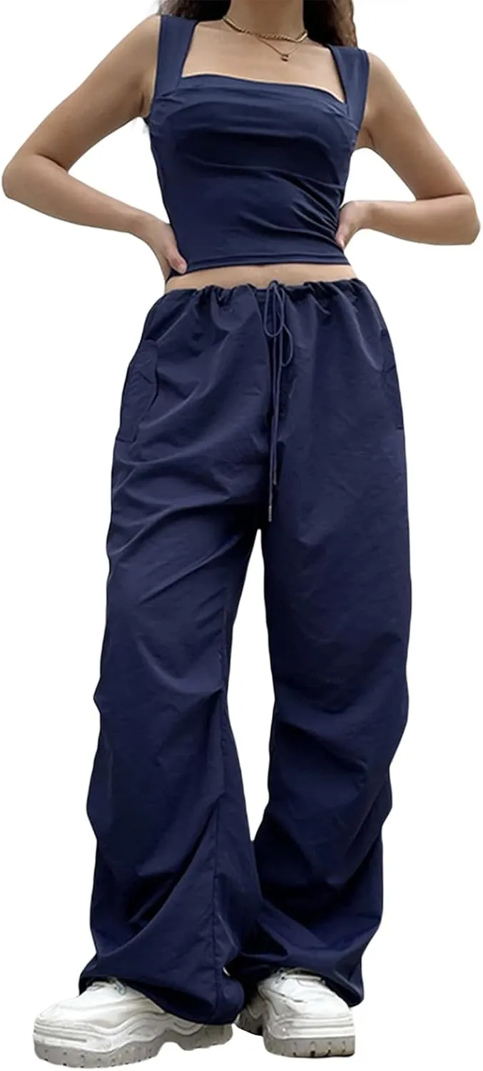 NUFIWI Women Baggy Wide Leg Cargo Pants Low Waist Drawstring Sweatpants Summer Casual Jogger Trousers