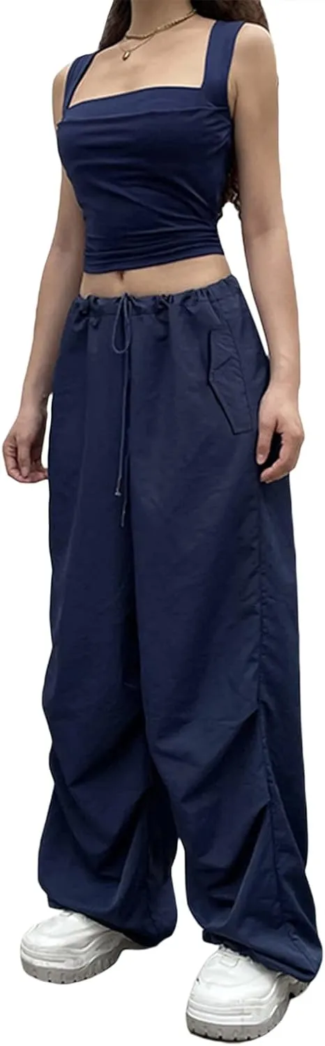 NUFIWI Women Baggy Wide Leg Cargo Pants Low Waist Drawstring Sweatpants Summer Casual Jogger Trousers
