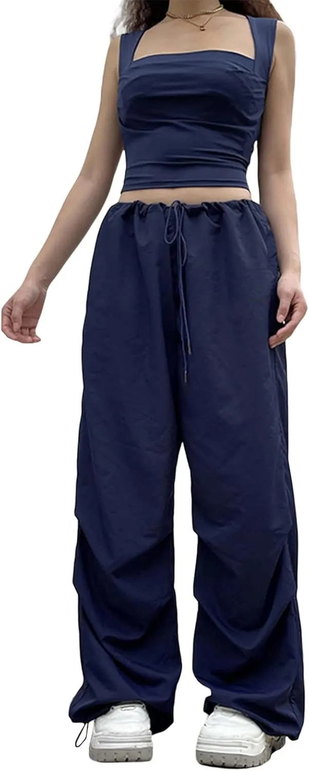 NUFIWI Women Baggy Wide Leg Cargo Pants Low Waist Drawstring Sweatpants Summer Casual Jogger Trousers
