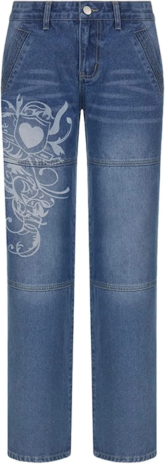 NUFIWI Women Low Waist Cargo Pants Straight Leg Baggy Trousers Aesthetic Wide Leg Denim Jeans Harajuku Grunge Streetwear
