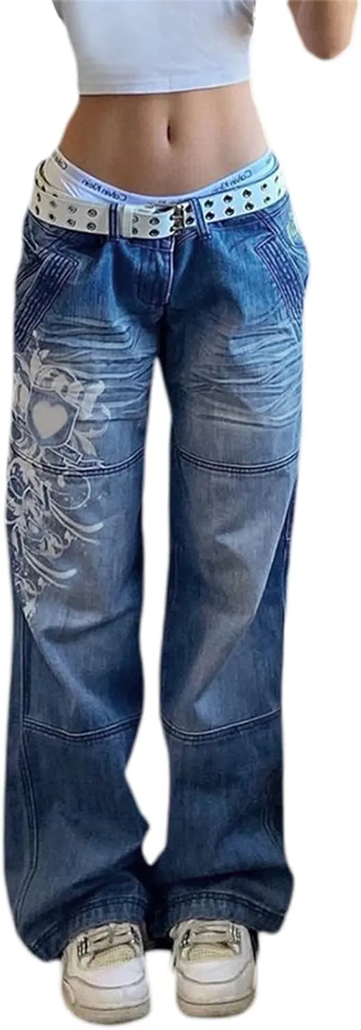 NUFIWI Women Low Waist Cargo Pants Straight Leg Baggy Trousers Aesthetic Wide Leg Denim Jeans Harajuku Grunge Streetwear