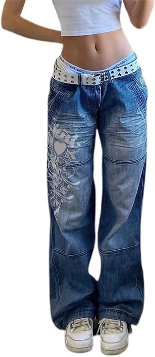 NUFIWI Women Low Waist Cargo Pants Straight Leg Baggy Trousers Aesthetic Wide Leg Denim Jeans Harajuku Grunge Streetwear