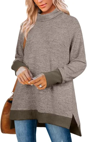OFEEFAN Women's Turtle Neck Sweatshirts High Low Hem Side Slit