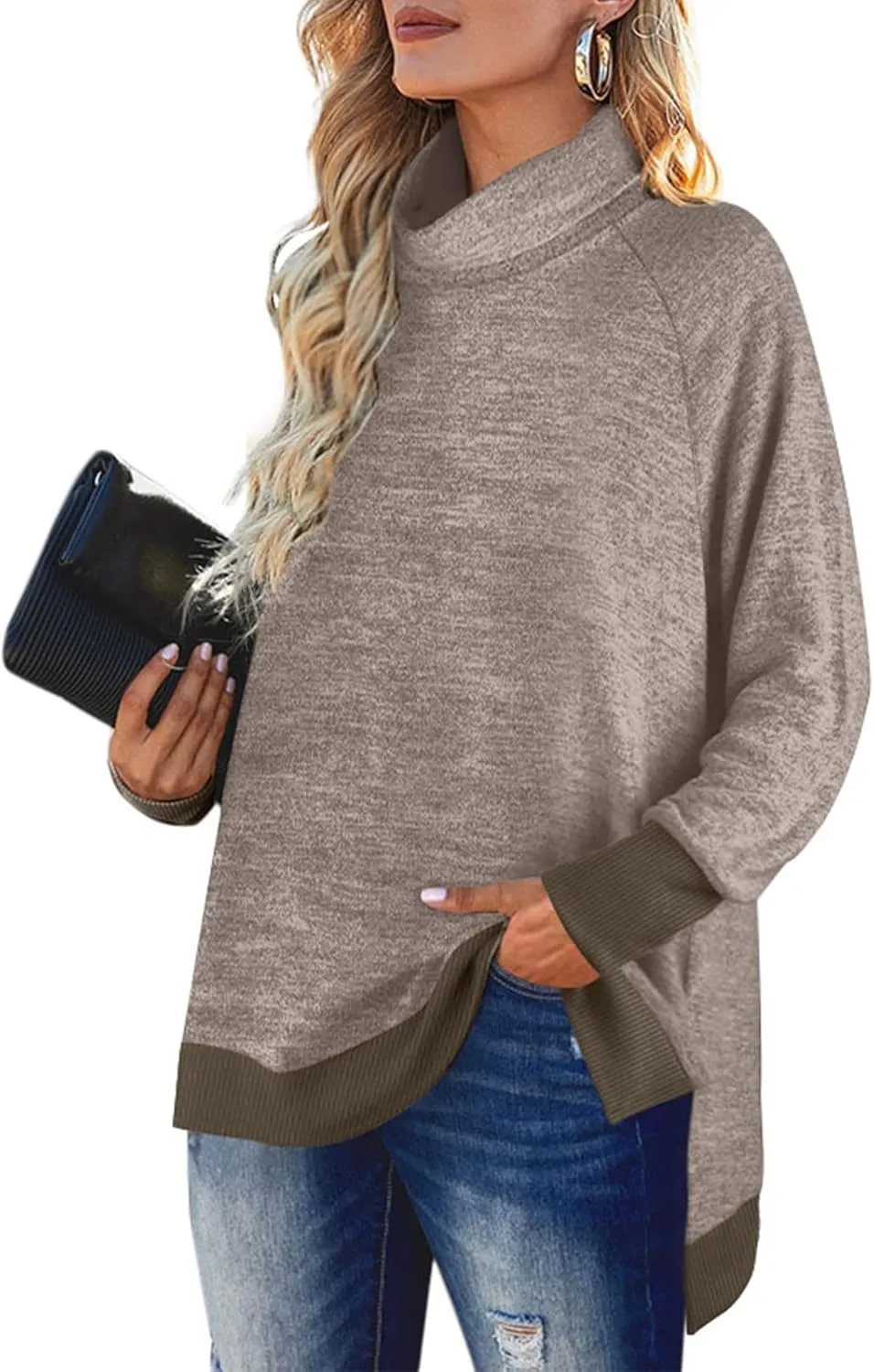 OFEEFAN Women's Turtle Neck Sweatshirts High Low Hem Side Slit
