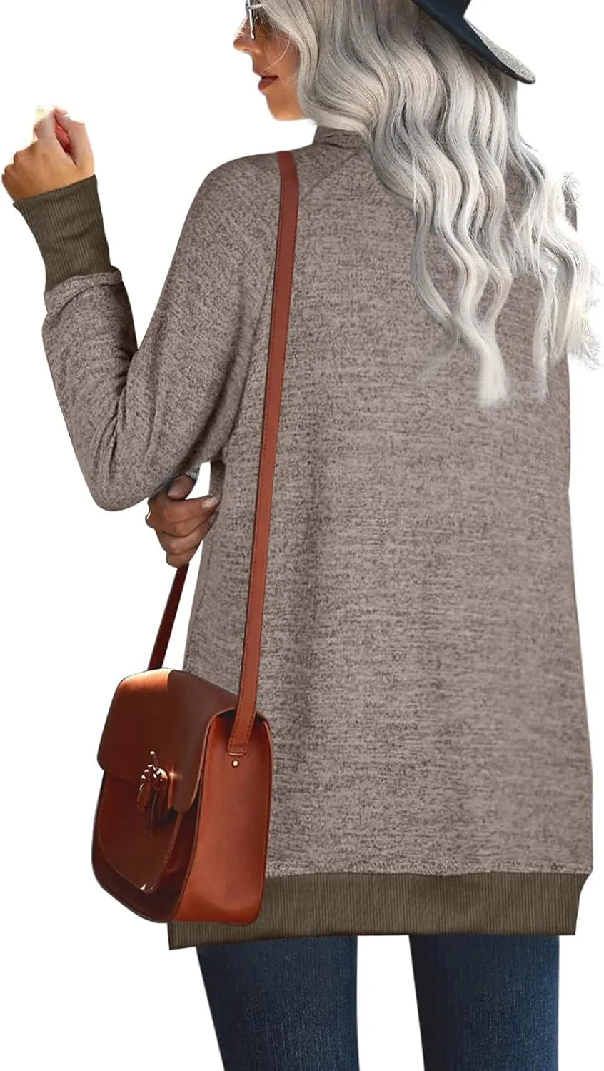 OFEEFAN Women's Turtle Neck Sweatshirts High Low Hem Side Slit