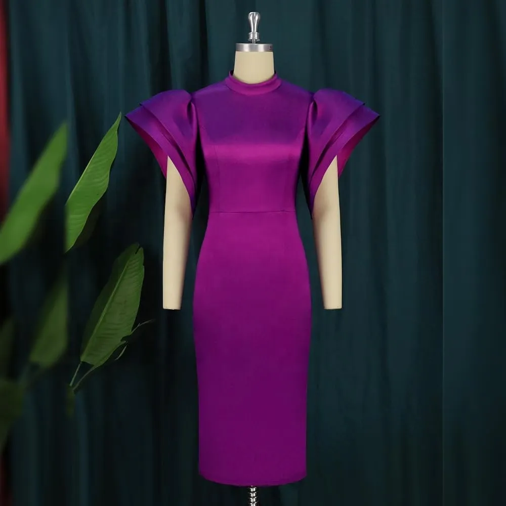 ONTINVA Satin High Neck Ruffled Tiered Sleeves Midi Dresses for Women Elegant High Waist Formal Party Cocktail Dress