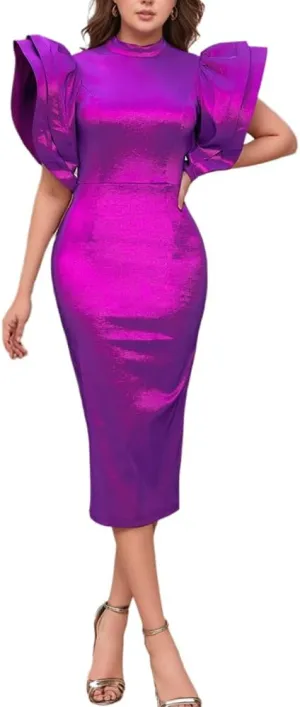 ONTINVA Satin High Neck Ruffled Tiered Sleeves Midi Dresses for Women Elegant High Waist Formal Party Cocktail Dress