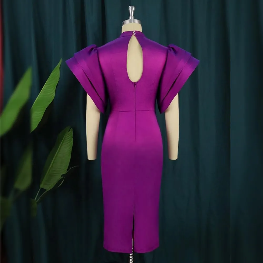 ONTINVA Satin High Neck Ruffled Tiered Sleeves Midi Dresses for Women Elegant High Waist Formal Party Cocktail Dress