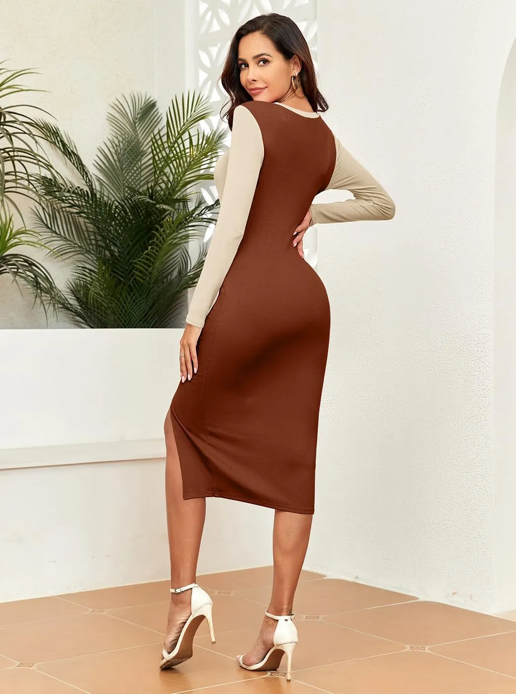 oten Women Casual Long Sleeve Cutout Twist Front Side Slit Ribbed Knit Party Bodycon Midi Dresses