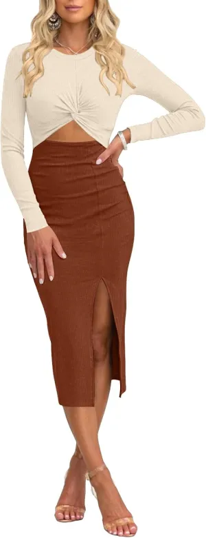 oten Women Casual Long Sleeve Cutout Twist Front Side Slit Ribbed Knit Party Bodycon Midi Dresses