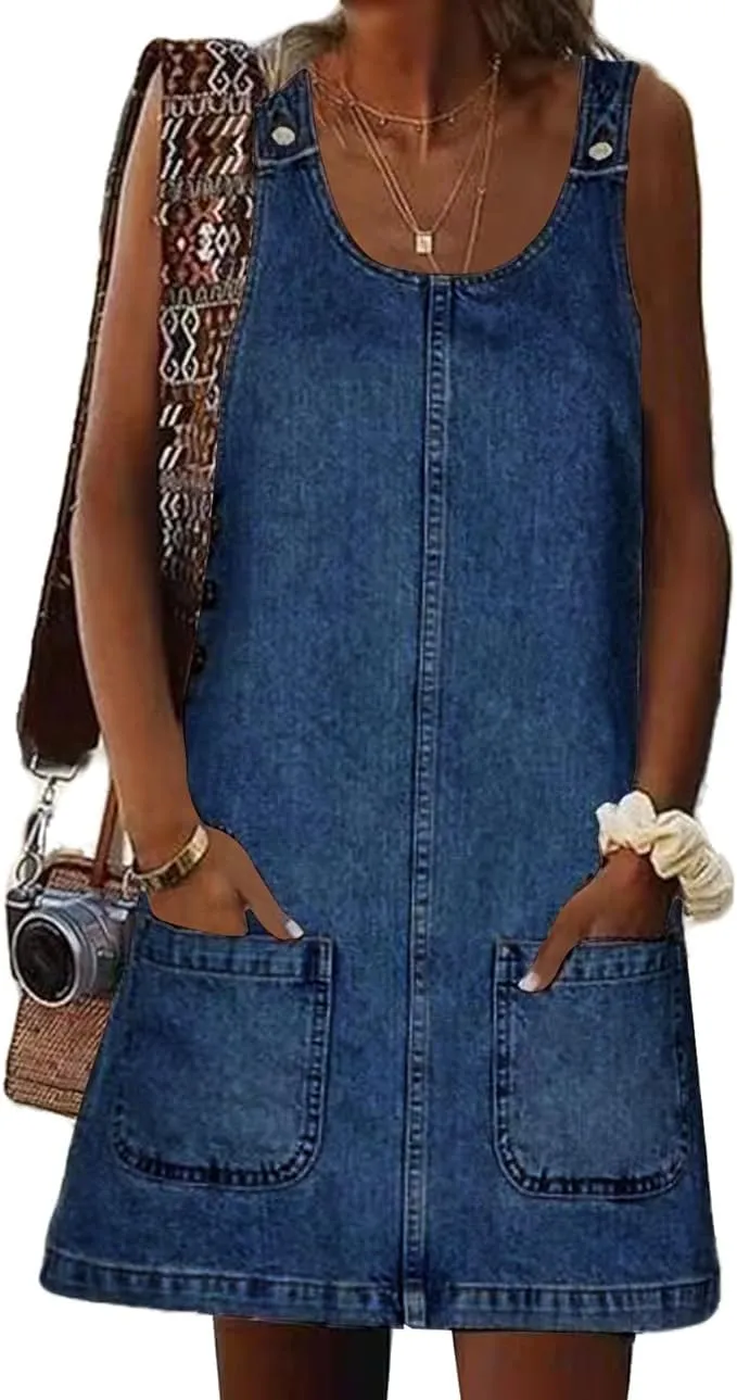 Overall Dress for Women Denim Dress Denim Overall Round Neck Skirtall Jean Dress Denim Jumper Dress Pinafore
