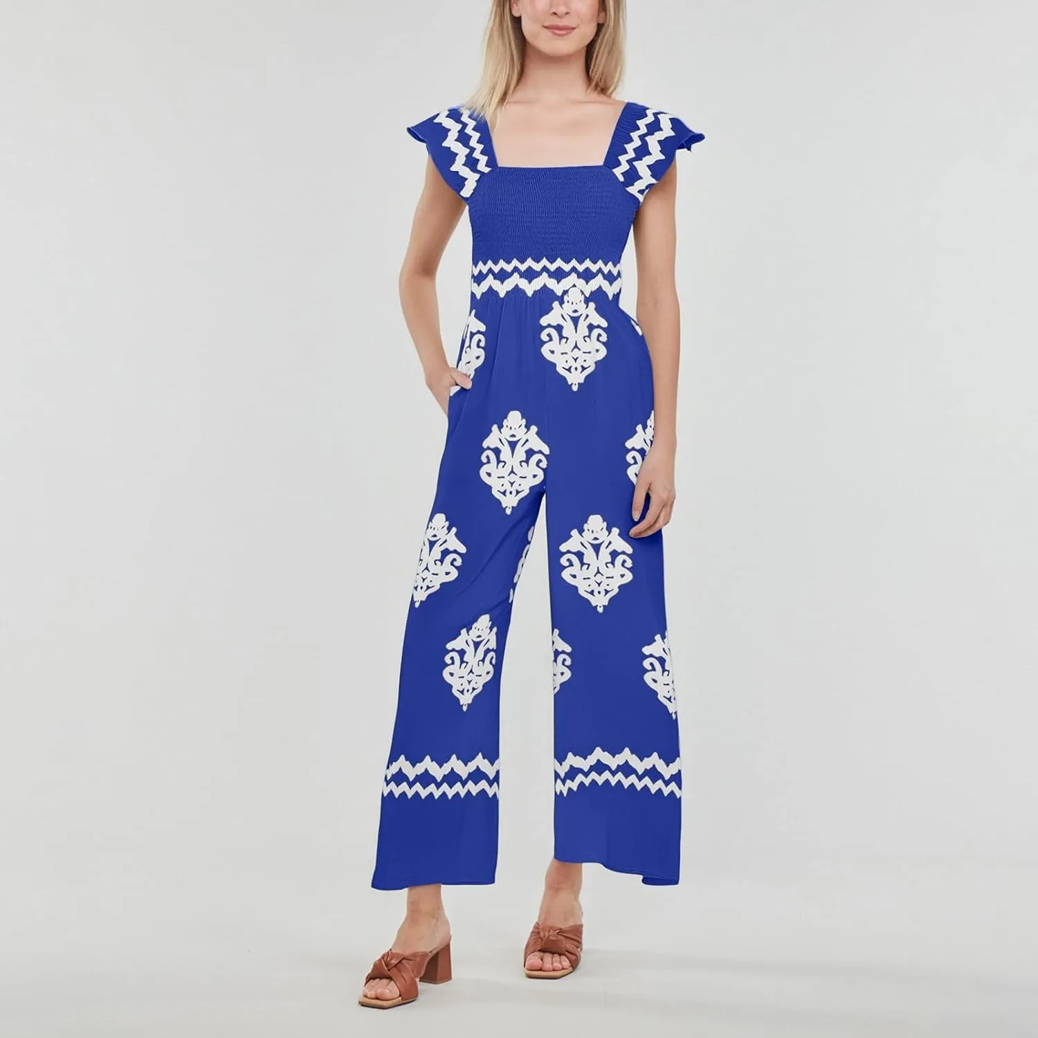 Overalls for Women Loose Floral Summer Romper Wide Leg One Piece Jumpsuits Boho Beach Vacation Outfits with Pockets