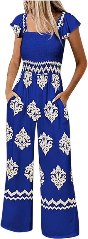 Overalls for Women Loose Floral Summer Romper Wide Leg One Piece Jumpsuits Boho Beach Vacation Outfits with Pockets