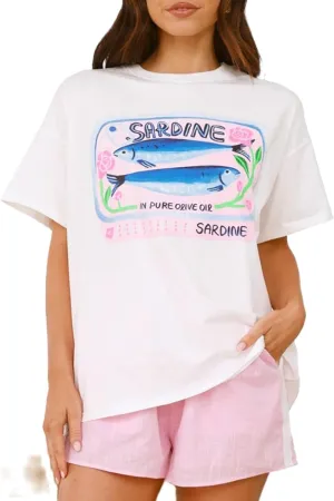 Oversized Graphic Shirt for Women Floral Print Aesthetic Short Sleeve Vintage Baggy Summer Coastal Teen Girl Tops