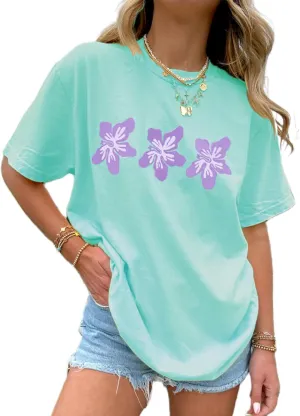 Oversized Y2k Floral Graphic Tees for Women Fruit Print Vintage Aesthetic Tops Baggy Summer Preppy Teen Girl Clothes