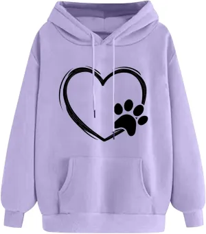 Paw Heart Hoodie Women Casual Graphic Sweatshirt Drawstring Pocket Relaxed Long Sleeve Comfy Streetwear