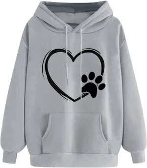 Paw Heart Hoodie Women Casual Graphic Sweatshirt Drawstring Pocket Relaxed Long Sleeve Comfy Streetwear